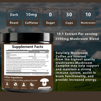 Suiyilary 10 Mushroom Coffee with Arabica w, Lion's Mane, Reishi, Mushroom Polysaccharides & More, Instant Mushrooms Powder for Focus, Immunity Boost, - dailyvitalstore