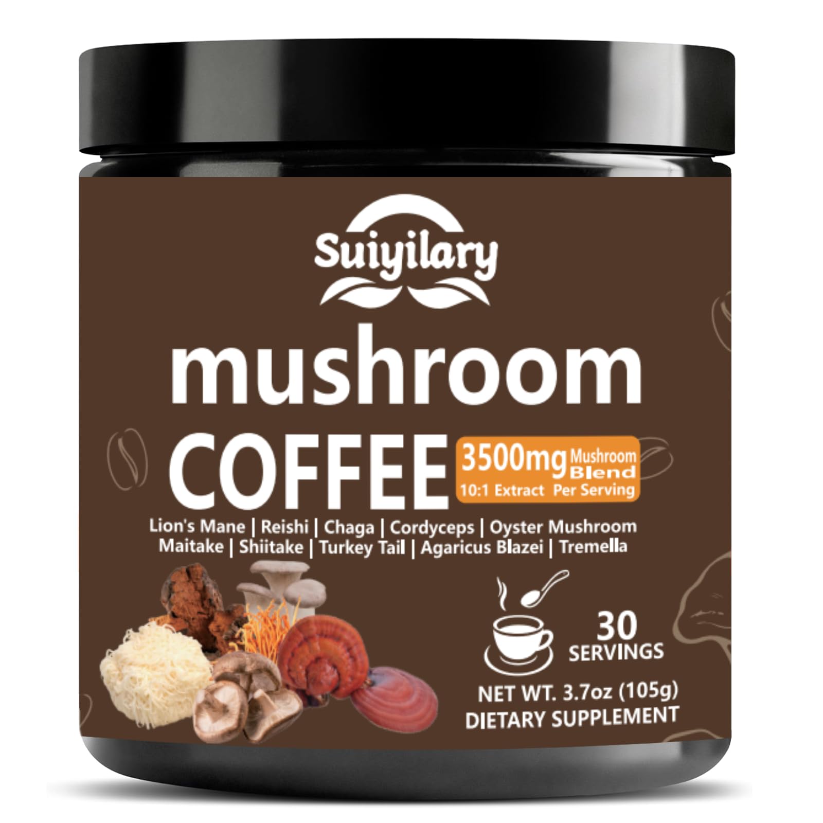 Suiyilary 10 Mushroom Coffee with Arabica w, Lion's Mane, Reishi, Mushroom Polysaccharides & More, Instant Mushrooms Powder for Focus, Immunity Boost, - dailyvitalstore