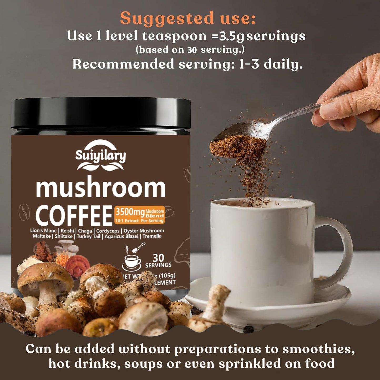 Suiyilary 10 Mushroom Coffee with Arabica w, Lion's Mane, Reishi, Mushroom Polysaccharides & More, Instant Mushrooms Powder for Focus, Immunity Boost, - dailyvitalstore