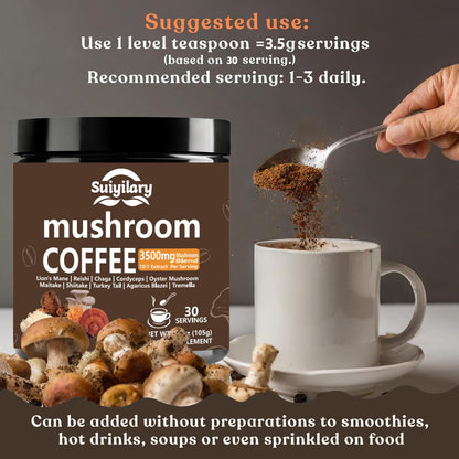 Suiyilary 10 Mushroom Coffee with Arabica w, Lion's Mane, Reishi, Mushroom Polysaccharides & More, Instant Mushrooms Powder for Focus, Immunity Boost, - dailyvitalstore