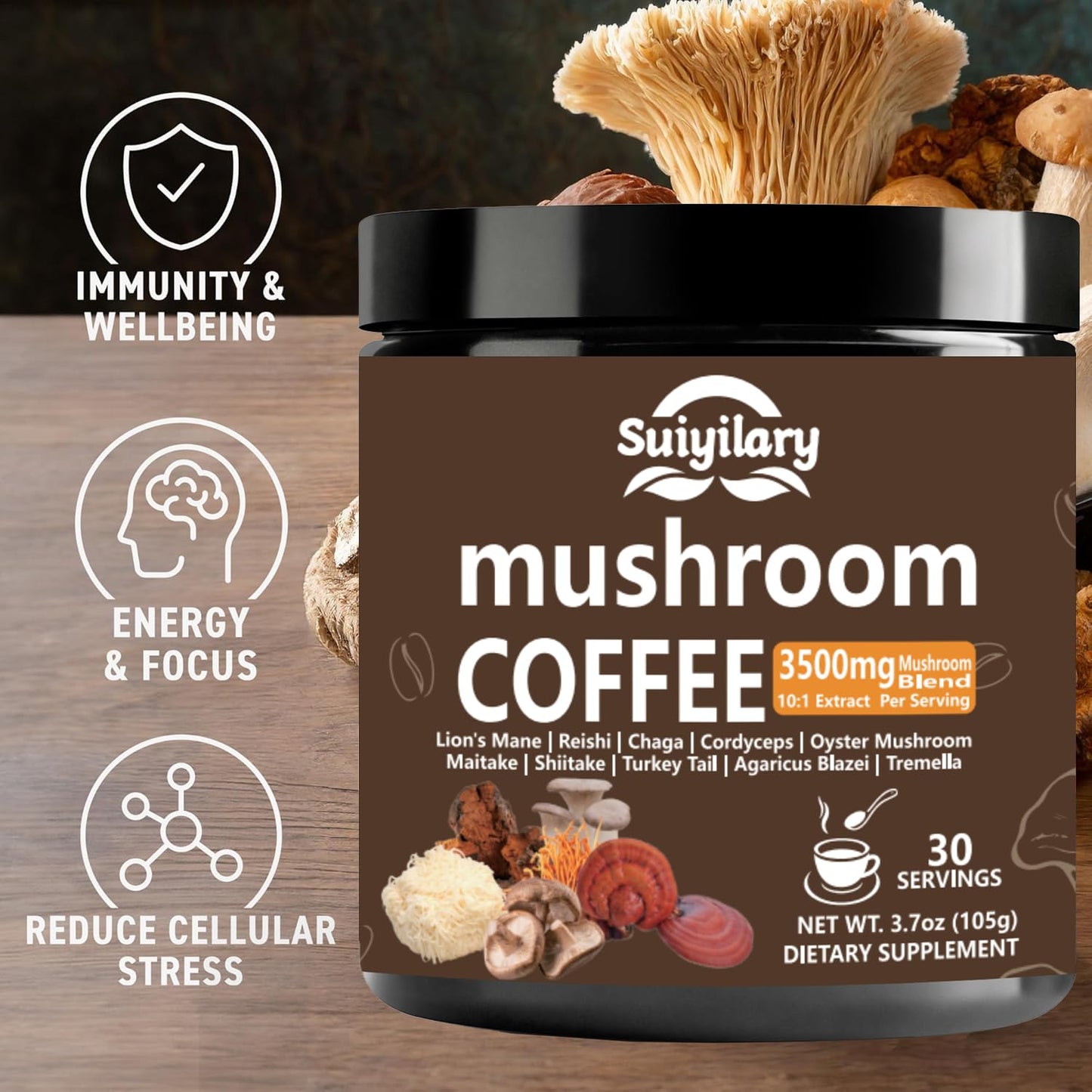 Suiyilary 10 Mushroom Coffee with Arabica w, Lion's Mane, Reishi, Mushroom Polysaccharides & More, Instant Mushrooms Powder for Focus, Immunity Boost, - dailyvitalstore