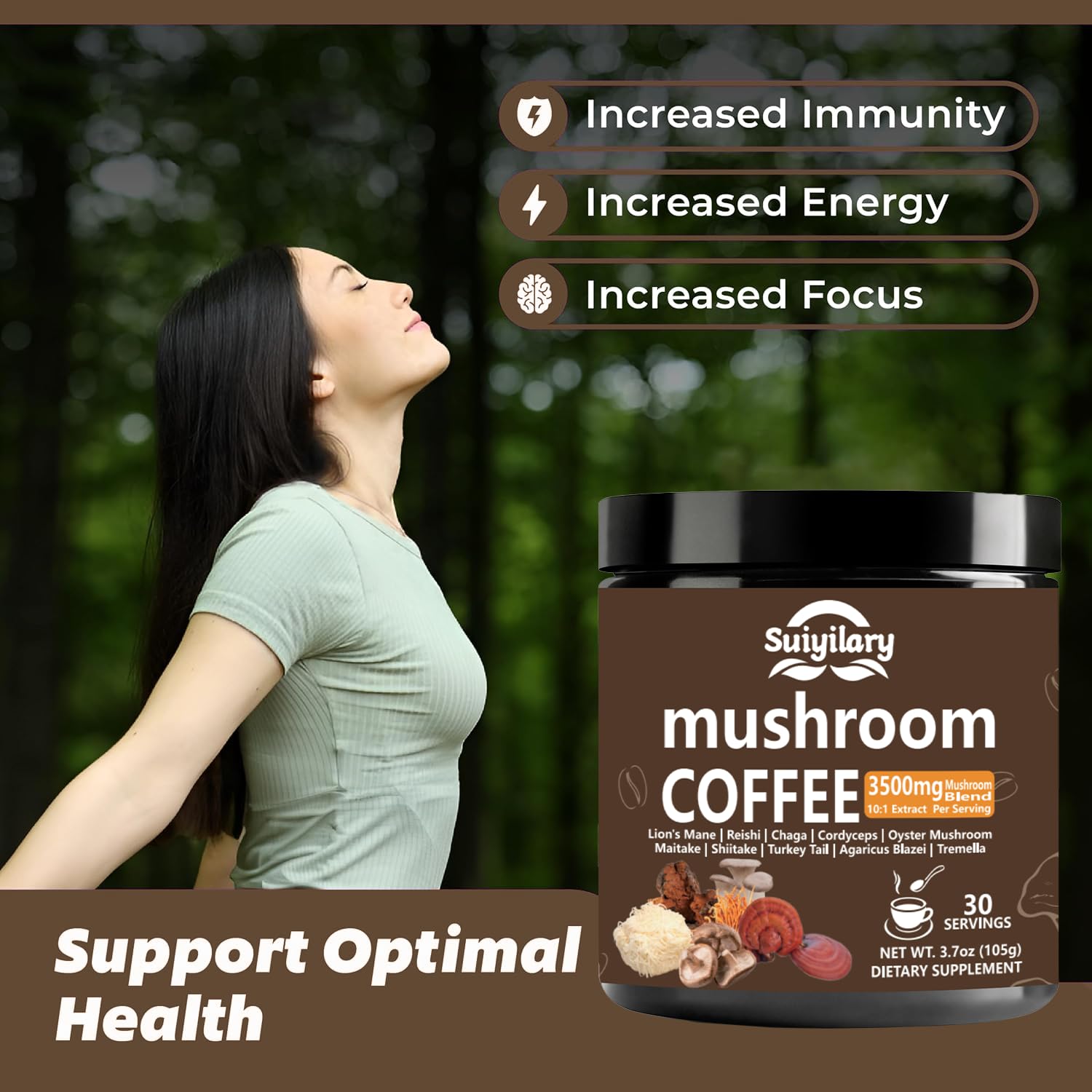 Suiyilary 10 Mushroom Coffee with Arabica w, Lion's Mane, Reishi, Mushroom Polysaccharides & More, Instant Mushrooms Powder for Focus, Immunity Boost, - dailyvitalstore