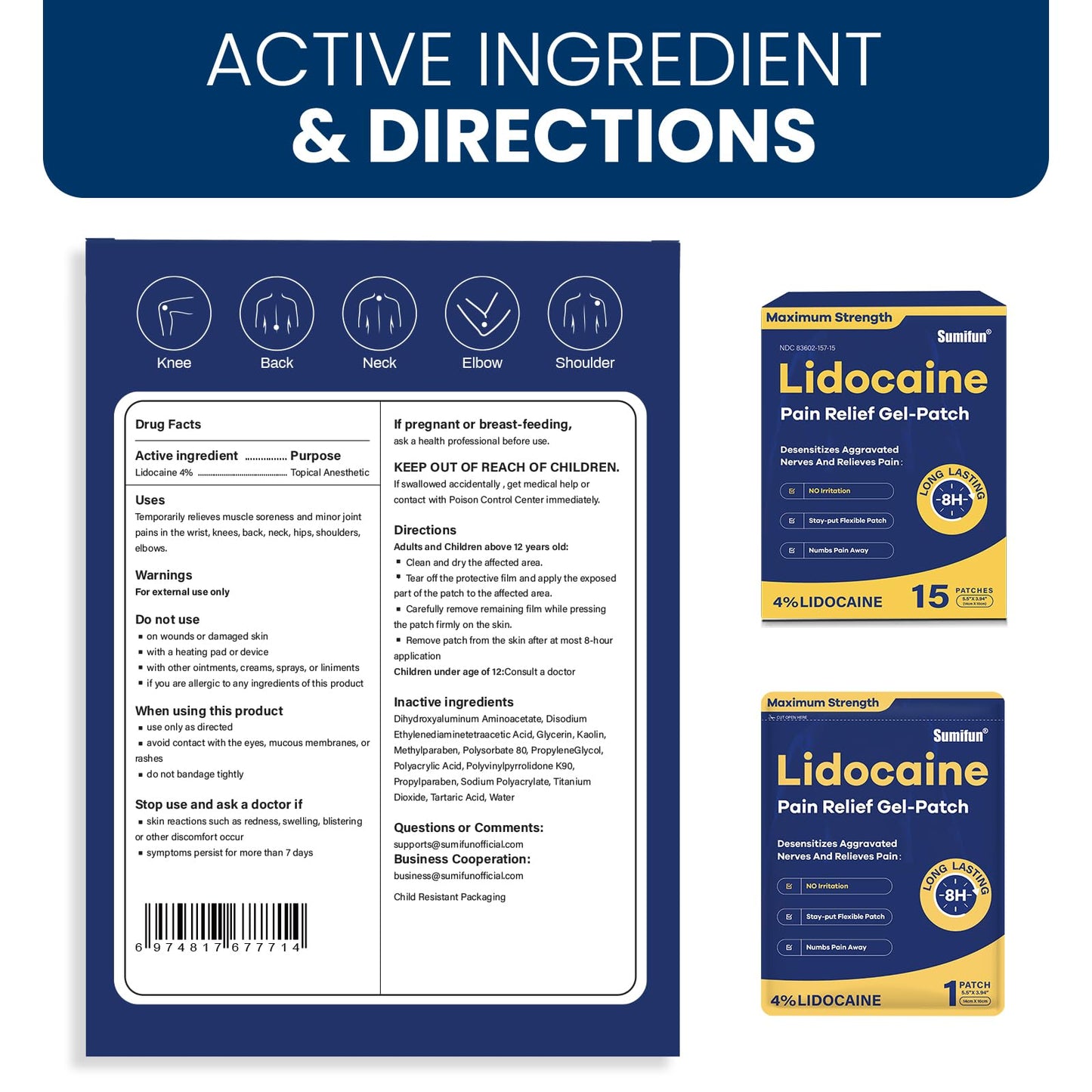 Sumifun 4% Lidocaine Pain Relief Patches 15 Counts Maximum Strength Numbing Gel Patch for Back Knee Neck Joint Ache Muscle Soreness Topical Analgesic - dailyvitalstore