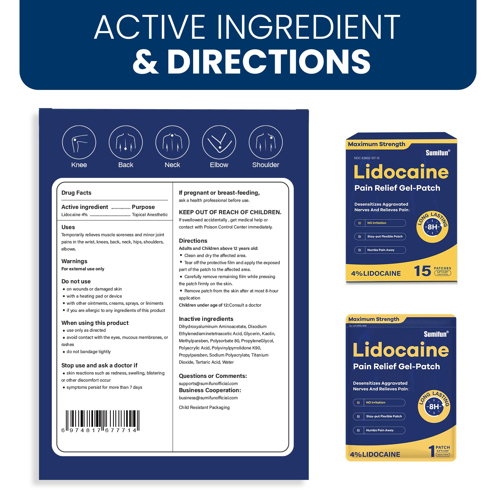 Sumifun 4% Lidocaine Pain Relief Patches 15 Counts Maximum Strength Numbing Gel Patch for Back Knee Neck Joint Ache Muscle Soreness Topical Analgesic - dailyvitalstore