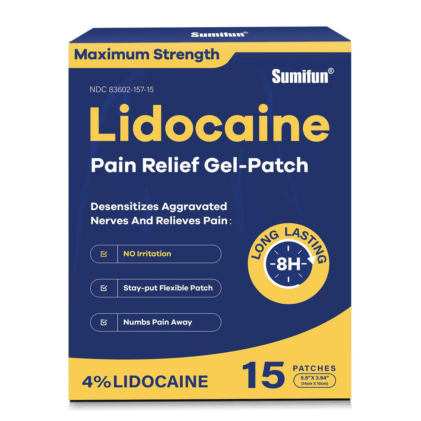 Sumifun 4% Lidocaine Pain Relief Patches 15 Counts Maximum Strength Numbing Gel Patch for Back Knee Neck Joint Ache Muscle Soreness Topical Analgesic - dailyvitalstore
