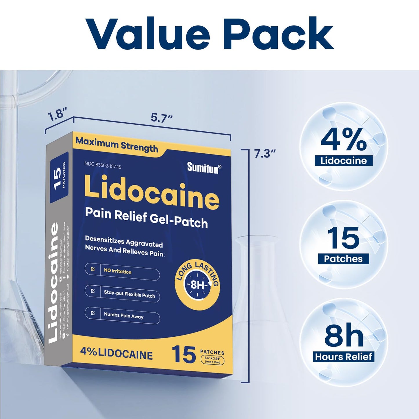 Sumifun 4% Lidocaine Pain Relief Patches 15 Counts Maximum Strength Numbing Gel Patch for Back Knee Neck Joint Ache Muscle Soreness Topical Analgesic - dailyvitalstore