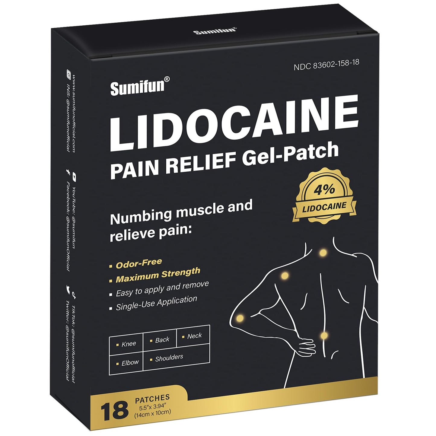 Sumifun 4% Lidocaine Pain Relief Patches - 18 Count Patches for Back, Shoulder, Muscle, Joints, Knee Pain Relief - Lower Back Pain Relief Products - Pain Patches Maximum Strength Lidocaine - dailyvitalstore