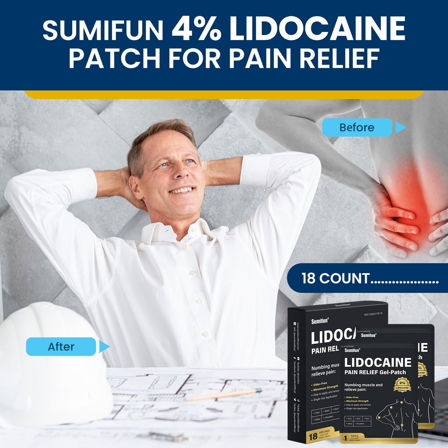 Sumifun 4% Lidocaine Pain Relief Patches - 18 Count Patches for Back, Shoulder, Muscle, Joints, Knee Pain Relief - Lower Back Pain Relief Products - Pain Patches Maximum Strength Lidocaine - dailyvitalstore
