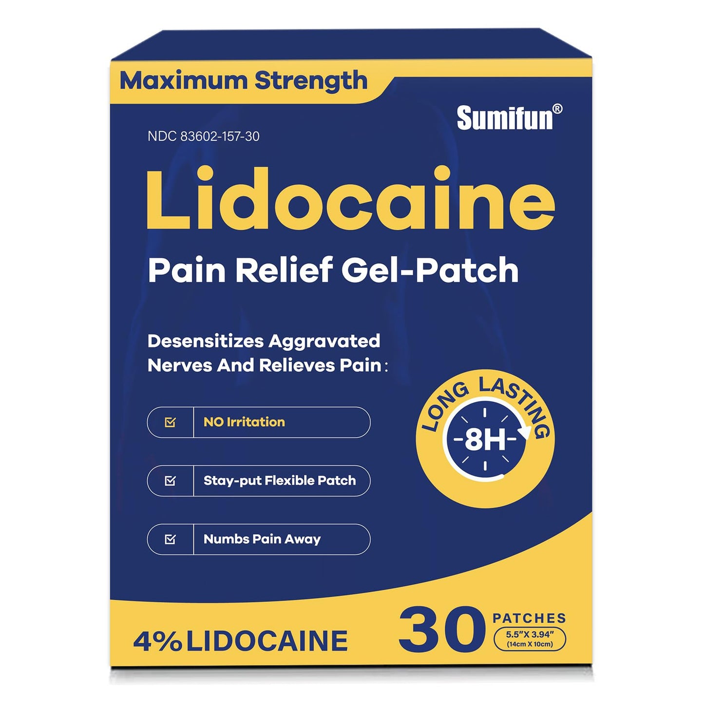 Sumifun 4% Lidocaine Pain Relief Patches 30 Count Maximum Strength Numbing Gel Patch for Back Knee Neck Joint Ache Muscle Soreness Topical Analgesic - dailyvitalstore