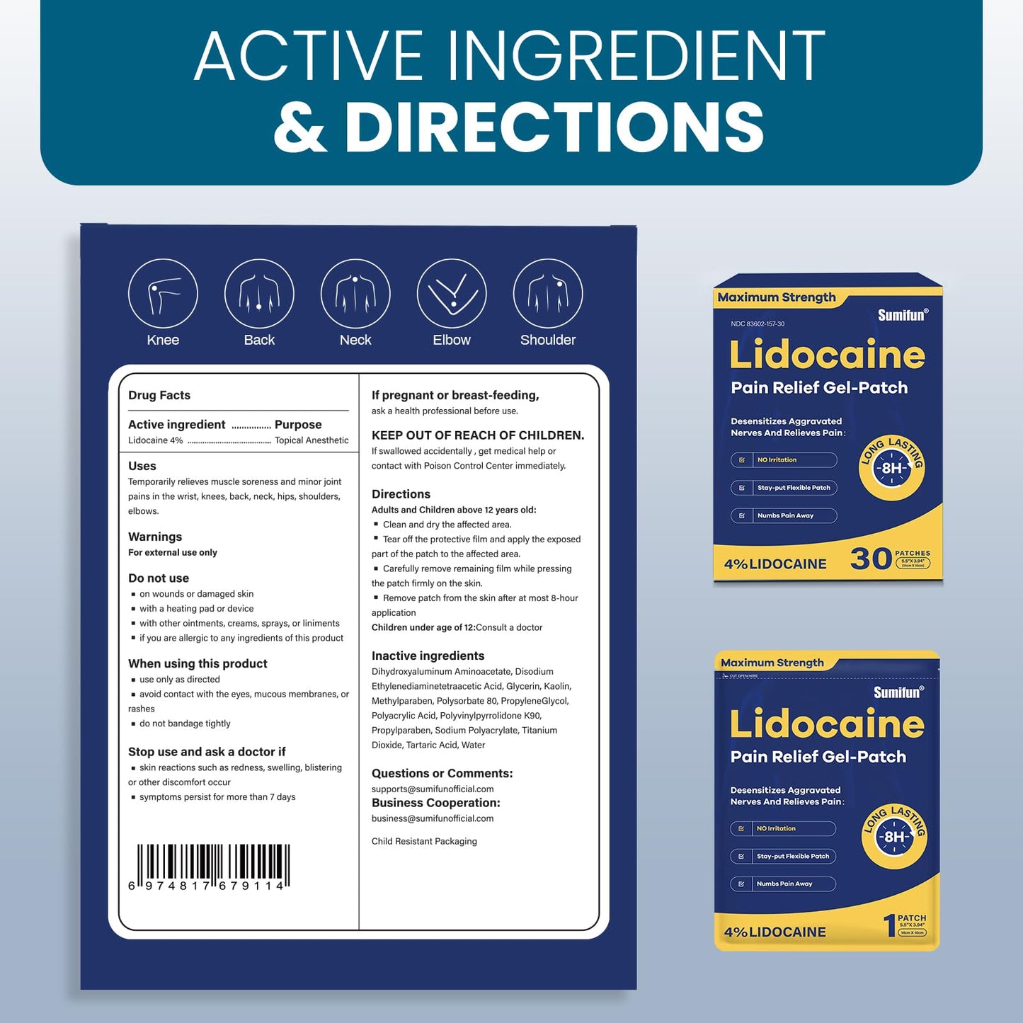 Sumifun 4% Lidocaine Pain Relief Patches 30 Count Maximum Strength Numbing Gel Patch for Back Knee Neck Joint Ache Muscle Soreness Topical Analgesic - dailyvitalstore