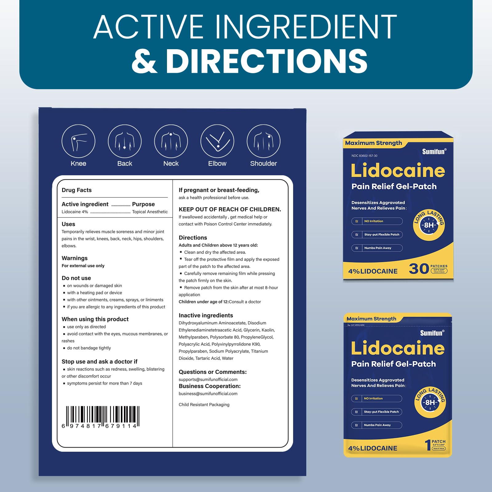 Sumifun 4% Lidocaine Pain Relief Patches 30 Count Maximum Strength Numbing Gel Patch for Back Knee Neck Joint Ache Muscle Soreness Topical Analgesic - dailyvitalstore
