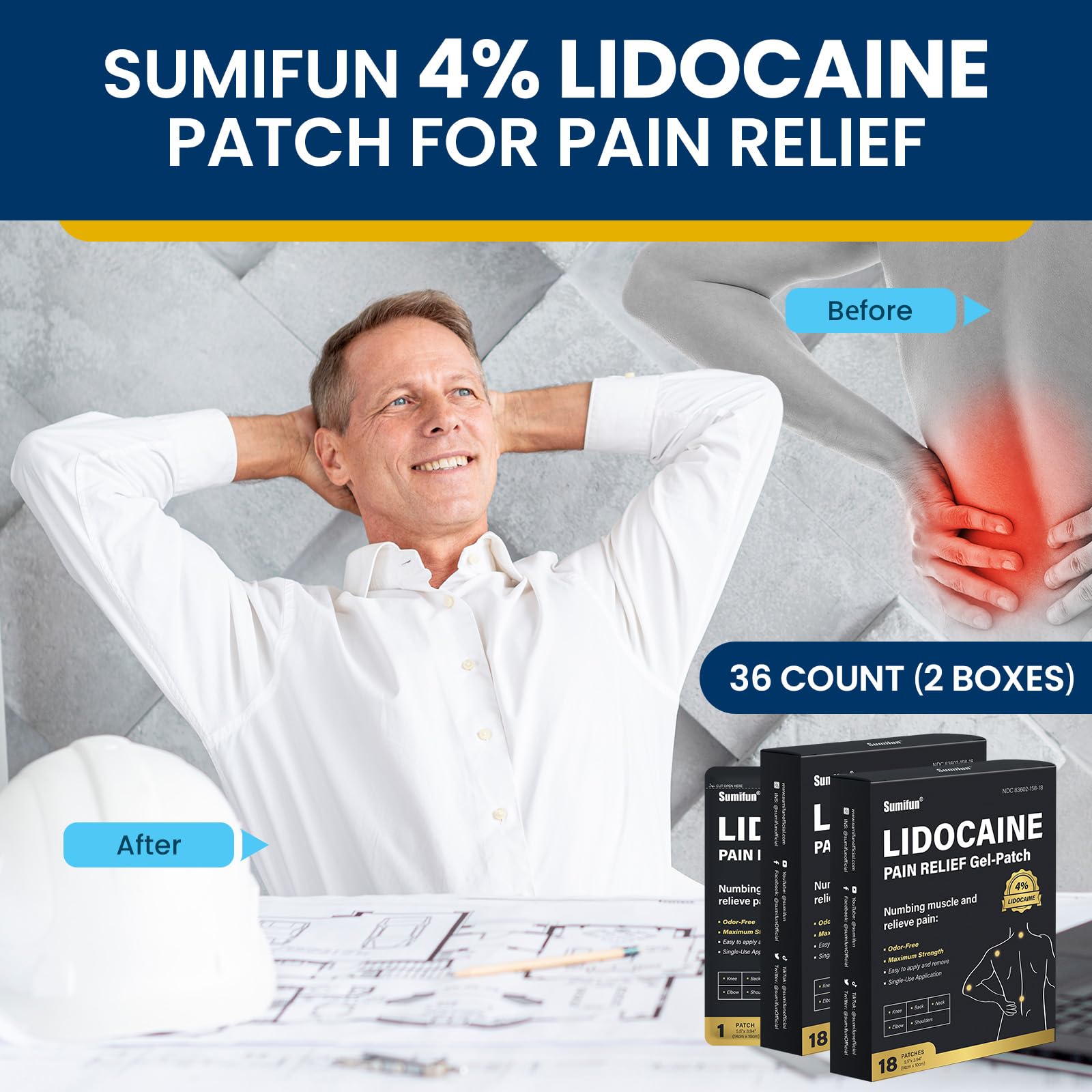 Sumifun 4% Lidocaine Pain Relief Patches - 36 Count Patches for Back, Shoulder, Muscle, Joints, Knee Pain Relief - Lower Back Pain Relief Products - Pain Patches Maximum Strength Lidocaine - dailyvitalstore