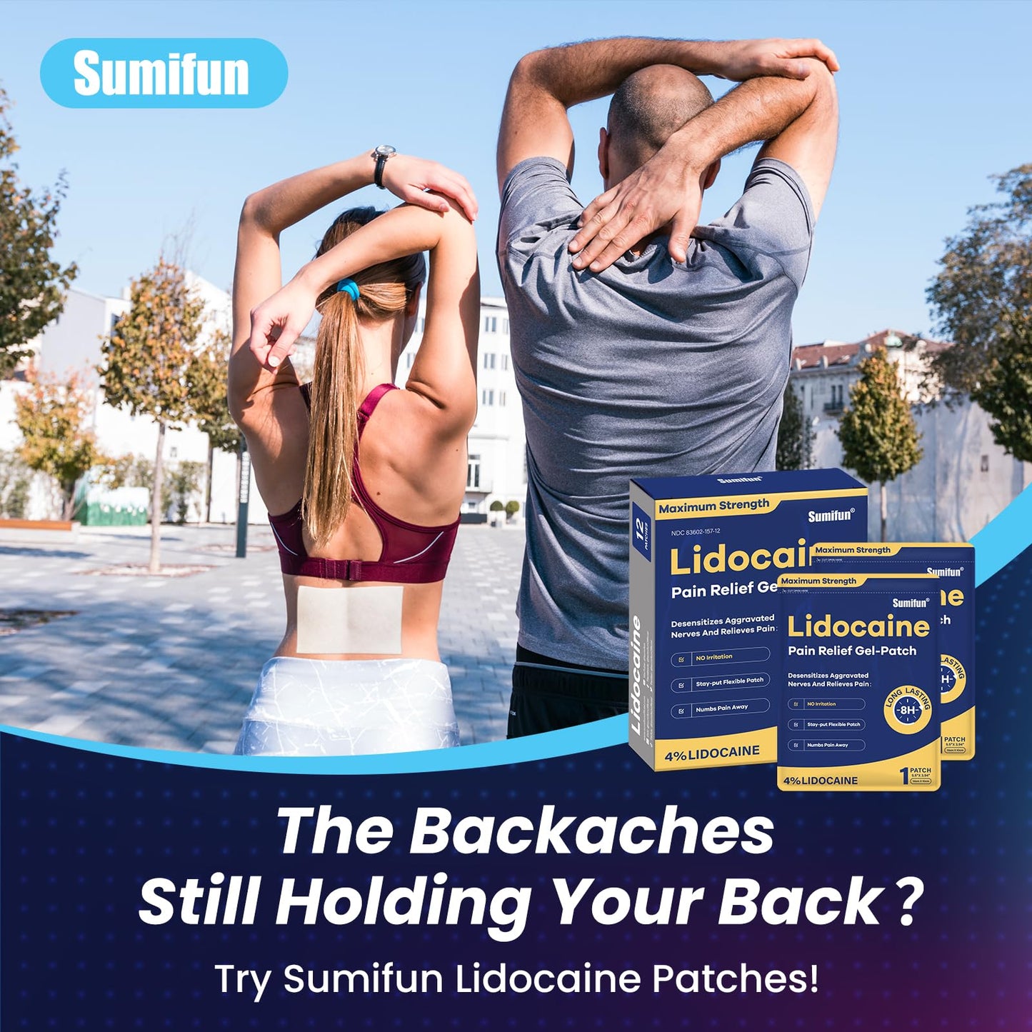 Sumifun 4% Lidocaine Patches Maximum Strength - 12 Count Pain Relieving Gel Patch for Muscle Soreness, Back Ache, Knee, Neck & Joint Pains - Topical Analgesic (Large, Count, 12) - dailyvitalstore