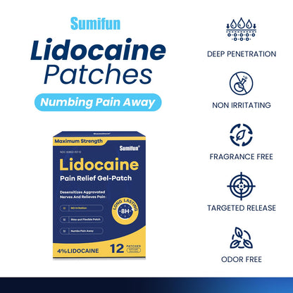 Sumifun 4% Lidocaine Patches Maximum Strength - 12 Count Pain Relieving Gel Patch for Muscle Soreness, Back Ache, Knee, Neck & Joint Pains - Topical Analgesic (Large, Count, 12) - dailyvitalstore