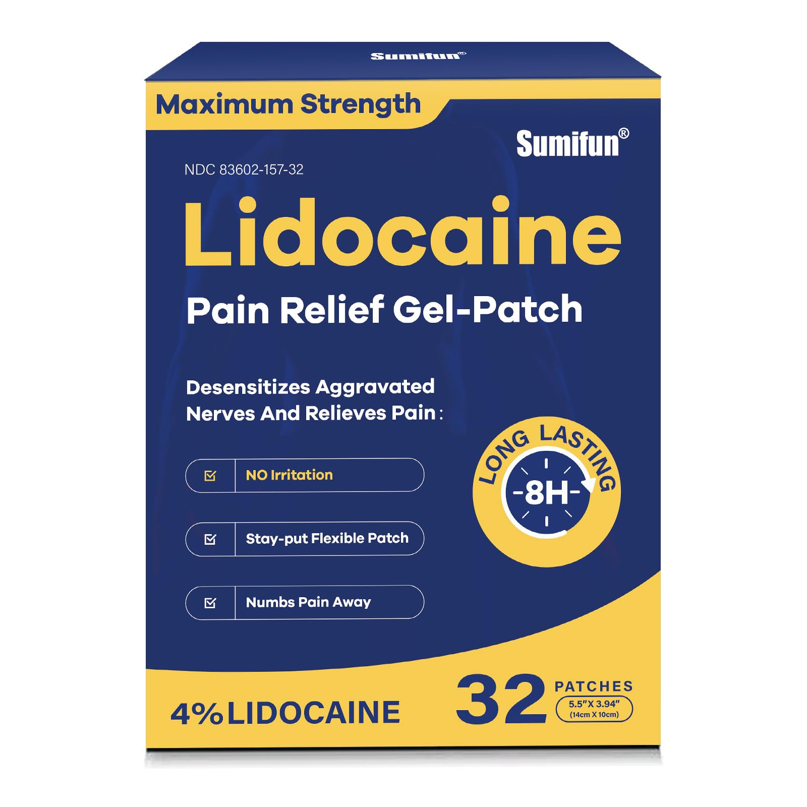 Sumifun 4% Lidocaine Patches Maximum Strength- Pain Relieving Gel Patch for Back, Shoulder, Muscle, Knee Pain Relief,Neck & Joint Pains-Numbs Away Pain, Apply for Up to 8 Hours (Large, Count, 32) - dailyvitalstore