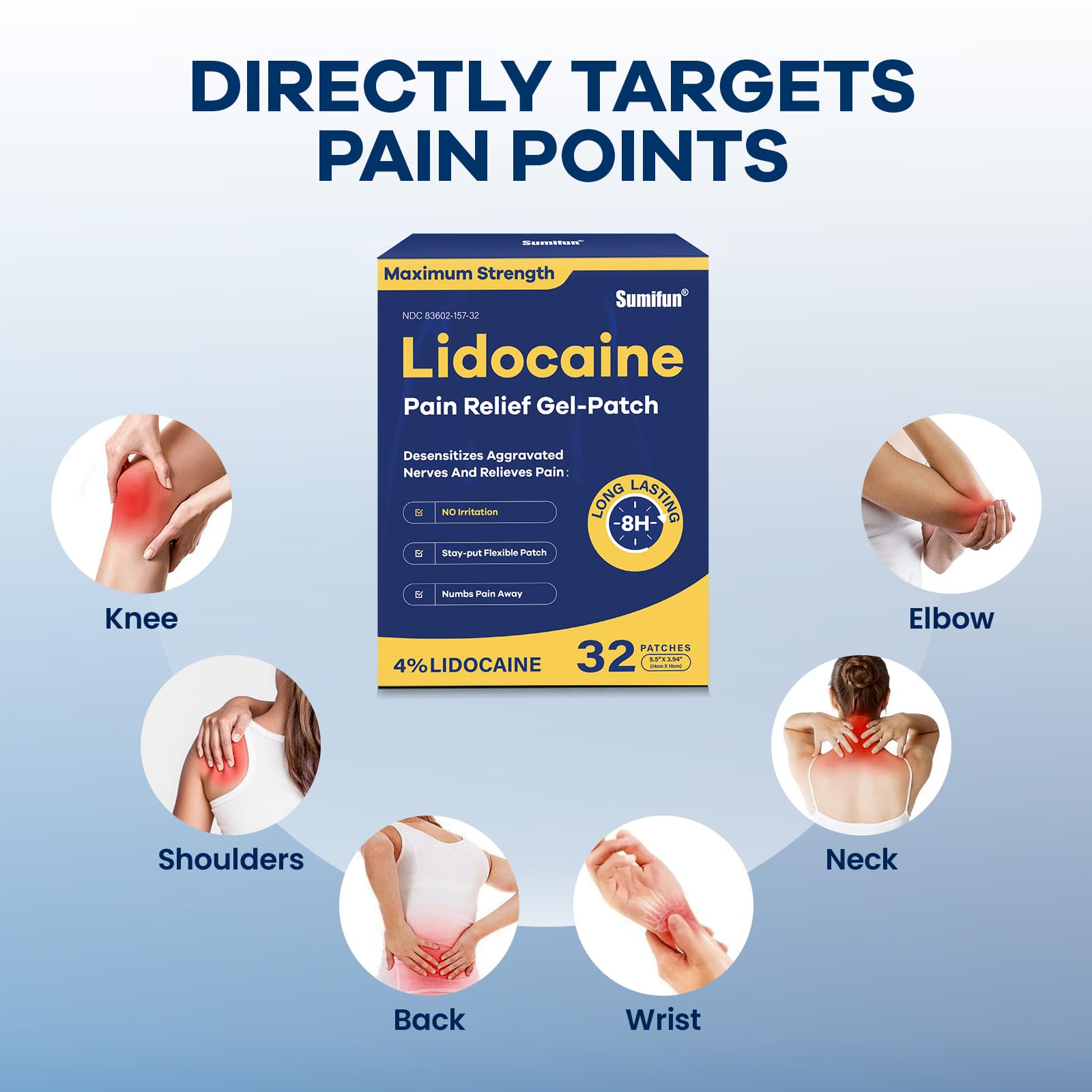 Sumifun 4% Lidocaine Patches Maximum Strength- Pain Relieving Gel Patch for Back, Shoulder, Muscle, Knee Pain Relief,Neck & Joint Pains-Numbs Away Pain, Apply for Up to 8 Hours (Large, Count, 32) - dailyvitalstore