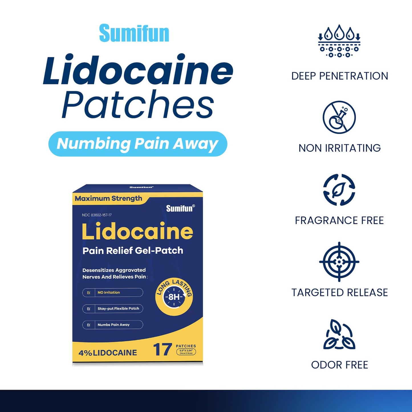 Sumifun 4% Lidocaine Patches Maximum Strength - Pain Relieving Gel Patch for Muscle Soreness, Back Ache, Knee, Neck & Joint Pains - Topical Analgesic (Large, Count, 17) - dailyvitalstore