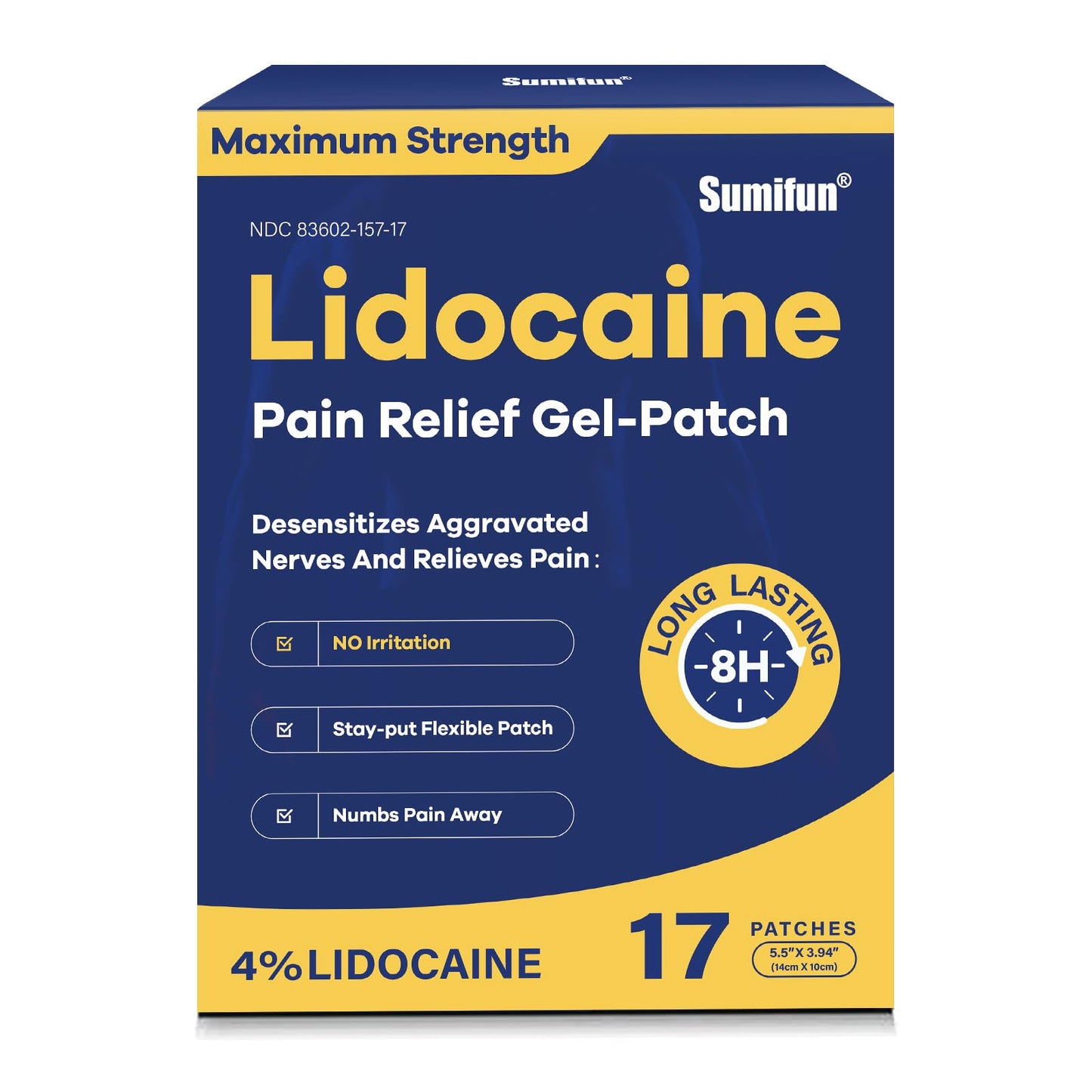 Sumifun 4% Lidocaine Patches Maximum Strength - Pain Relieving Gel Patch for Muscle Soreness, Back Ache, Knee, Neck & Joint Pains - Topical Analgesic (Large, Count, 17) - dailyvitalstore