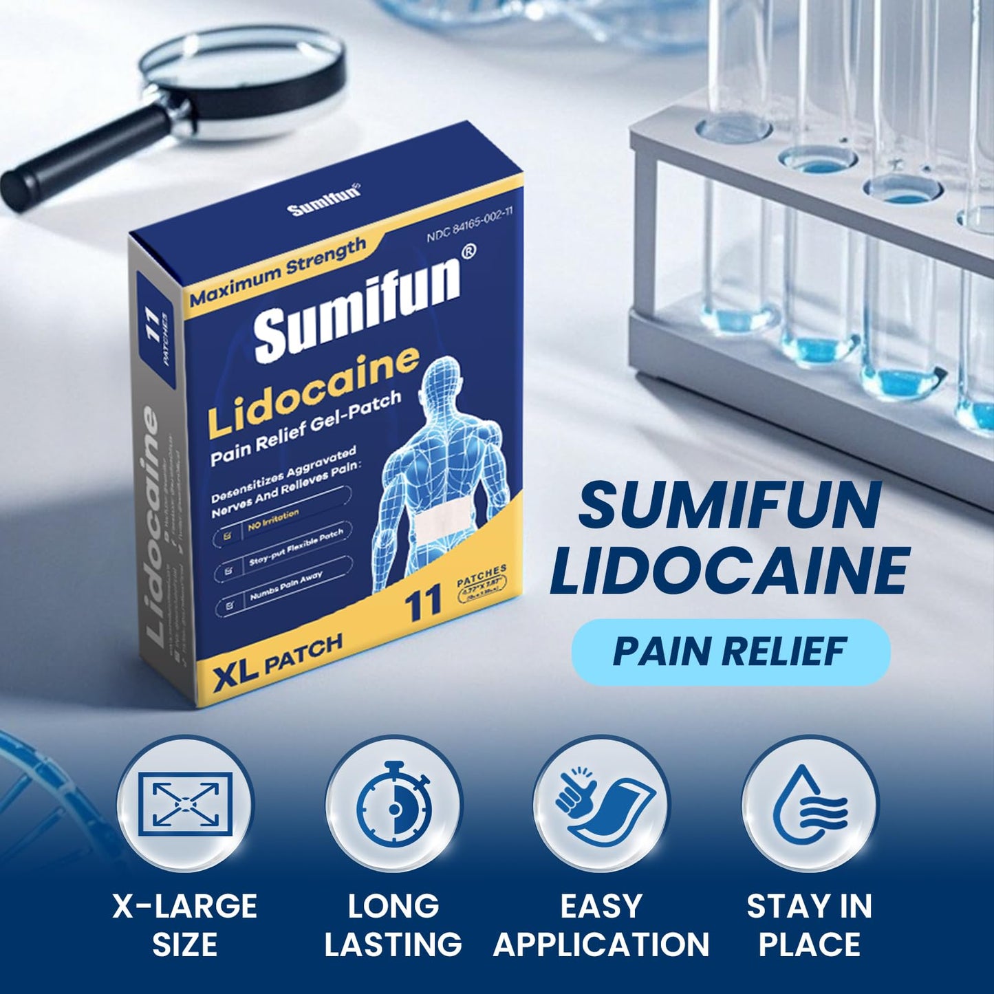 Sumifun 4% Lidocaine XL Pain Patches | Extra Large 4.72"x7.87" for Full Back & Thigh Coverage | Maximum Strength OTC Numbing | 8-Hour Medical Adhesion (X-Large, Count, 18) - dailyvitalstore