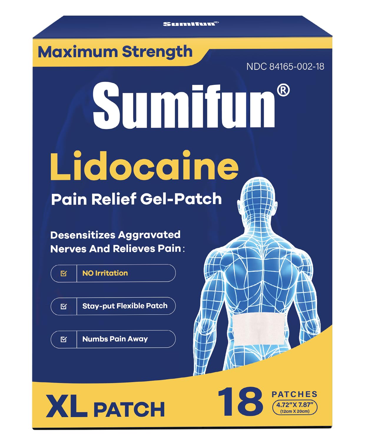 Sumifun 4% Lidocaine XL Pain Patches | Extra Large 4.72"x7.87" for Full Back & Thigh Coverage | Maximum Strength OTC Numbing | 8-Hour Medical Adhesion (X-Large, Count, 18) - dailyvitalstore