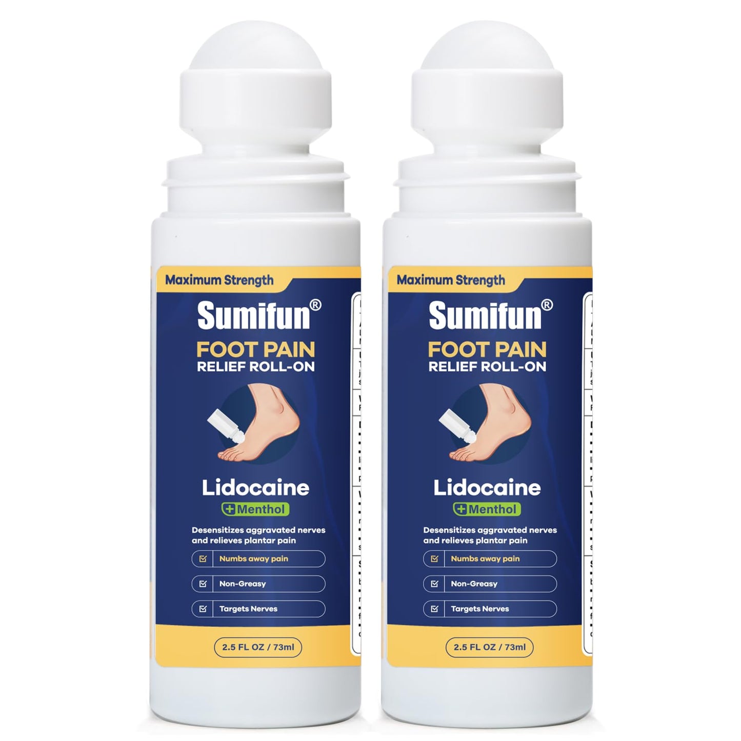 Sumifun Foot Pain Relief Lidocaine Roll-On - Maximum Strength OTC for Plantar Fasciitis & Heel Pain - Fast-Drying, Non-Greasy Formula, 2.5 Fl Oz * 2 - dailyvitalstore