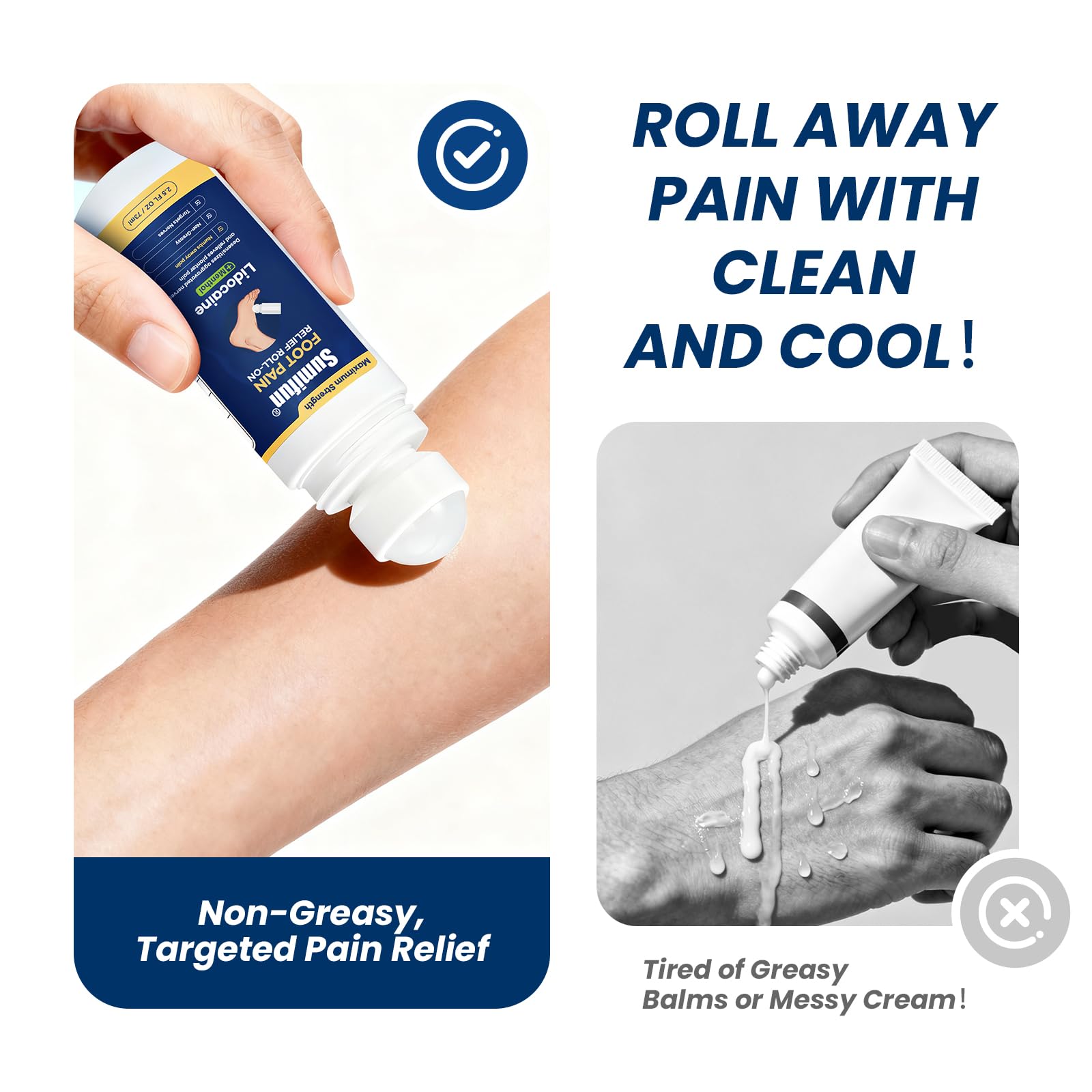 Sumifun Foot Pain Relief Lidocaine Roll-On - Maximum Strength OTC for Plantar Fasciitis & Heel Pain - Fast-Drying, Non-Greasy Formula, 2.5 Fl Oz * 2 - dailyvitalstore