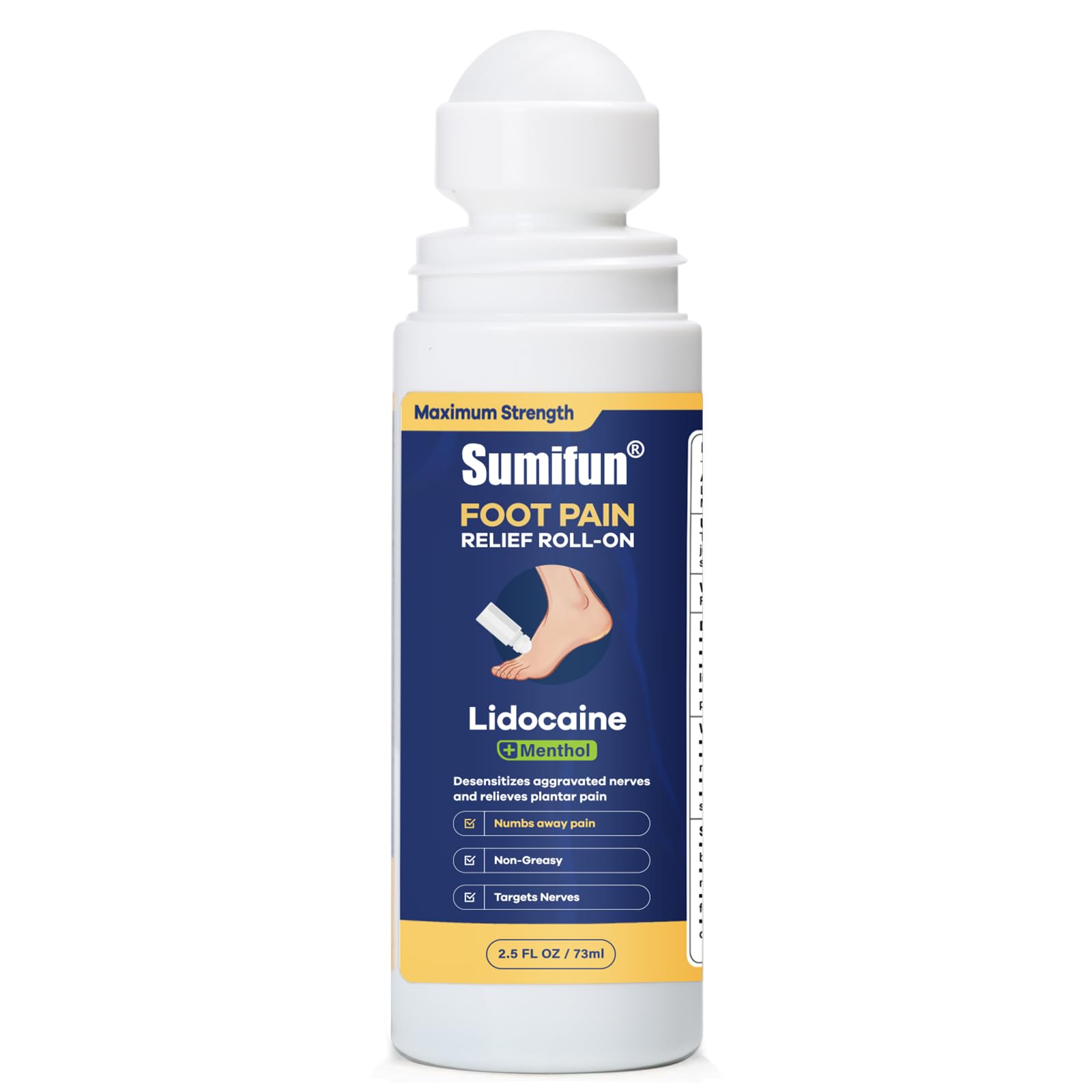 Sumifun Foot Pain Relief Lidocaine Roll-On - Maximum Strength OTC for Plantar Fasciitis & Heel Pain - Fast-Drying, Non-Greasy Formula, 2.5 Fl Oz - dailyvitalstore