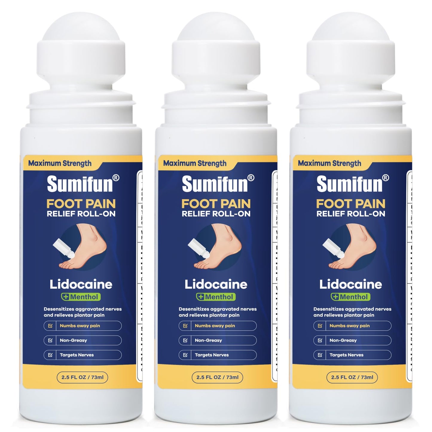 Sumifun Foot Pain Relief Lidocaine Roll-On - Maximum Strength OTC for Plantar Fasciitis & Heel Pain - Fast-Drying, Non-Greasy Formula, 2.5 Fl Oz * 3 - dailyvitalstore