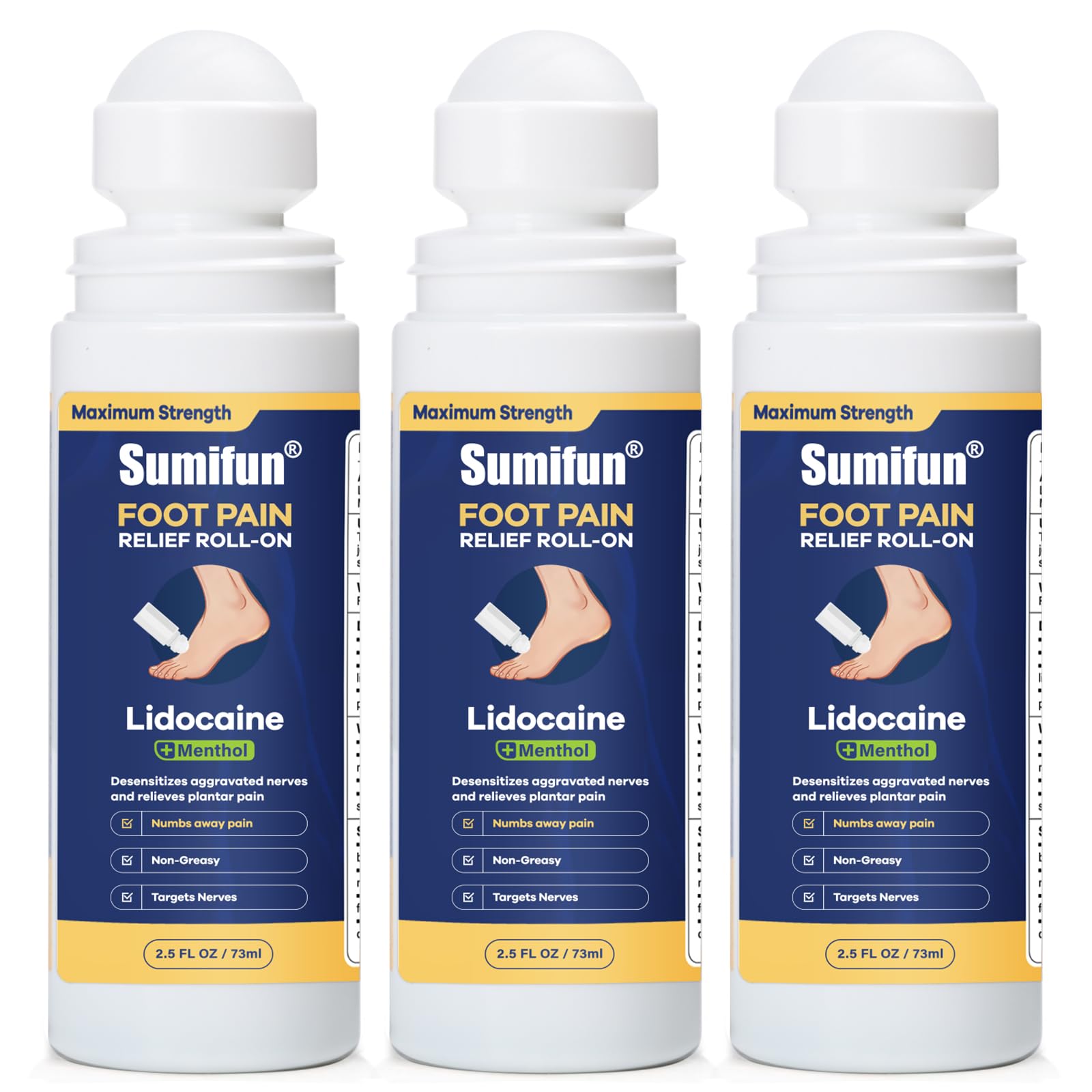 Sumifun Foot Pain Relief Lidocaine Roll-On - Maximum Strength OTC for Plantar Fasciitis & Heel Pain - Fast-Drying, Non-Greasy Formula, 2.5 Fl Oz * 3 - dailyvitalstore