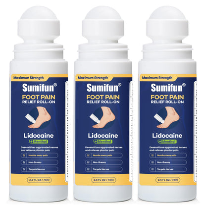 Sumifun Foot Pain Relief Lidocaine Roll-On - Maximum Strength OTC for Plantar Fasciitis & Heel Pain - Fast-Drying, Non-Greasy Formula, 2.5 Fl Oz * 3 - dailyvitalstore