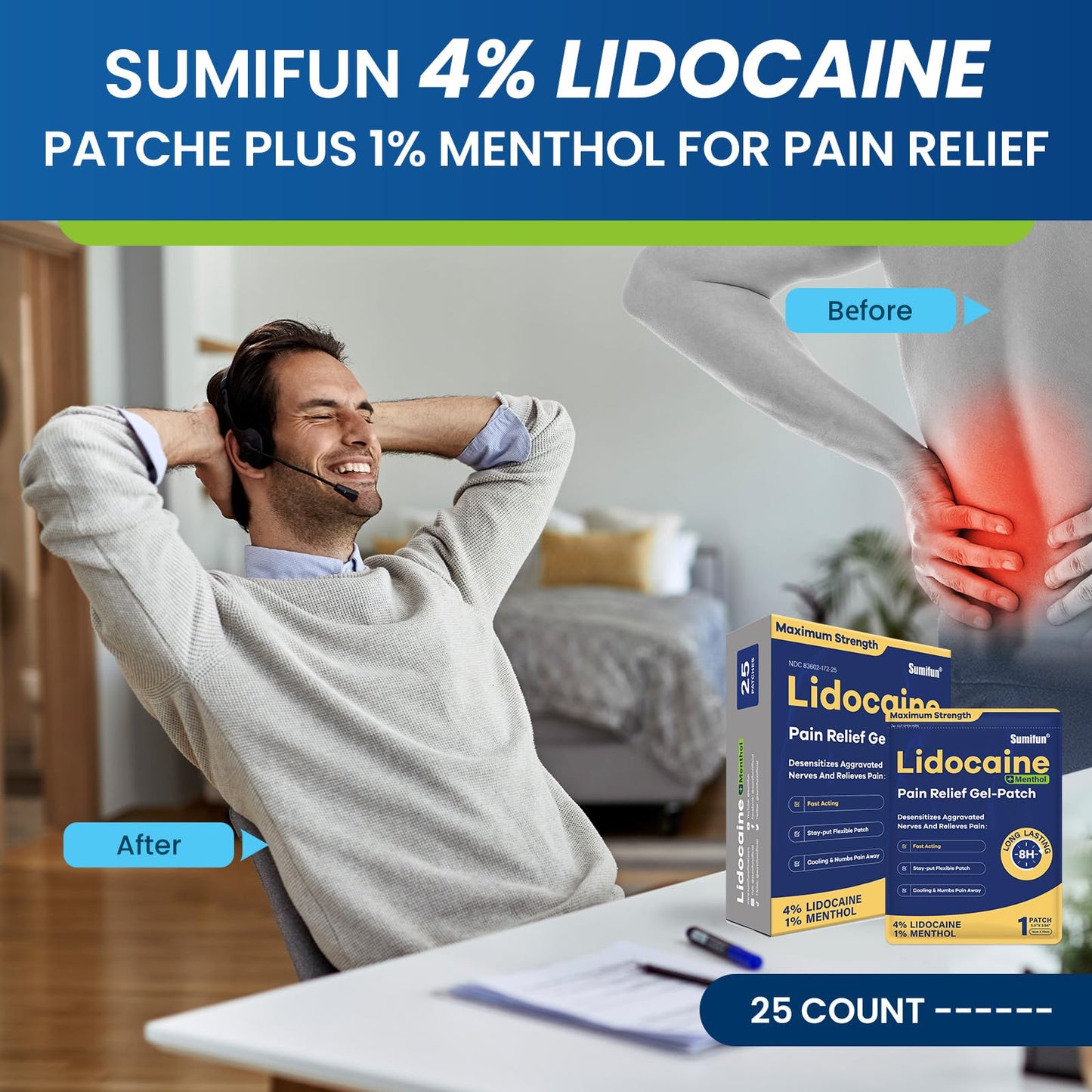 Sumifun Lidocaine Pain Relief Patches - Fast, Targeted Therapy Simple Backache, Soreness, Sprain, Joint Pain with Maximum Strength 4% Lidocaine and 1% Menthol (Large, Count, 25) - dailyvitalstore