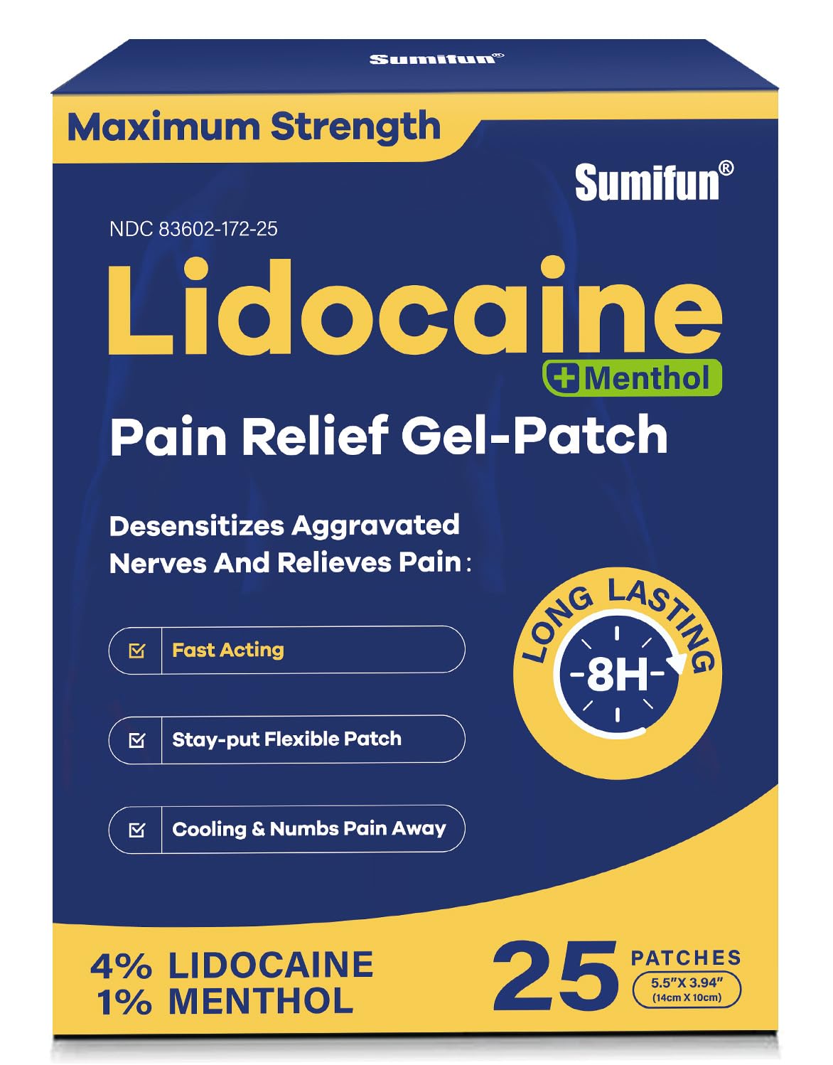 Sumifun Lidocaine Pain Relief Patches - Fast, Targeted Therapy Simple Backache, Soreness, Sprain, Joint Pain with Maximum Strength 4% Lidocaine and 1% Menthol (Large, Count, 25) - dailyvitalstore