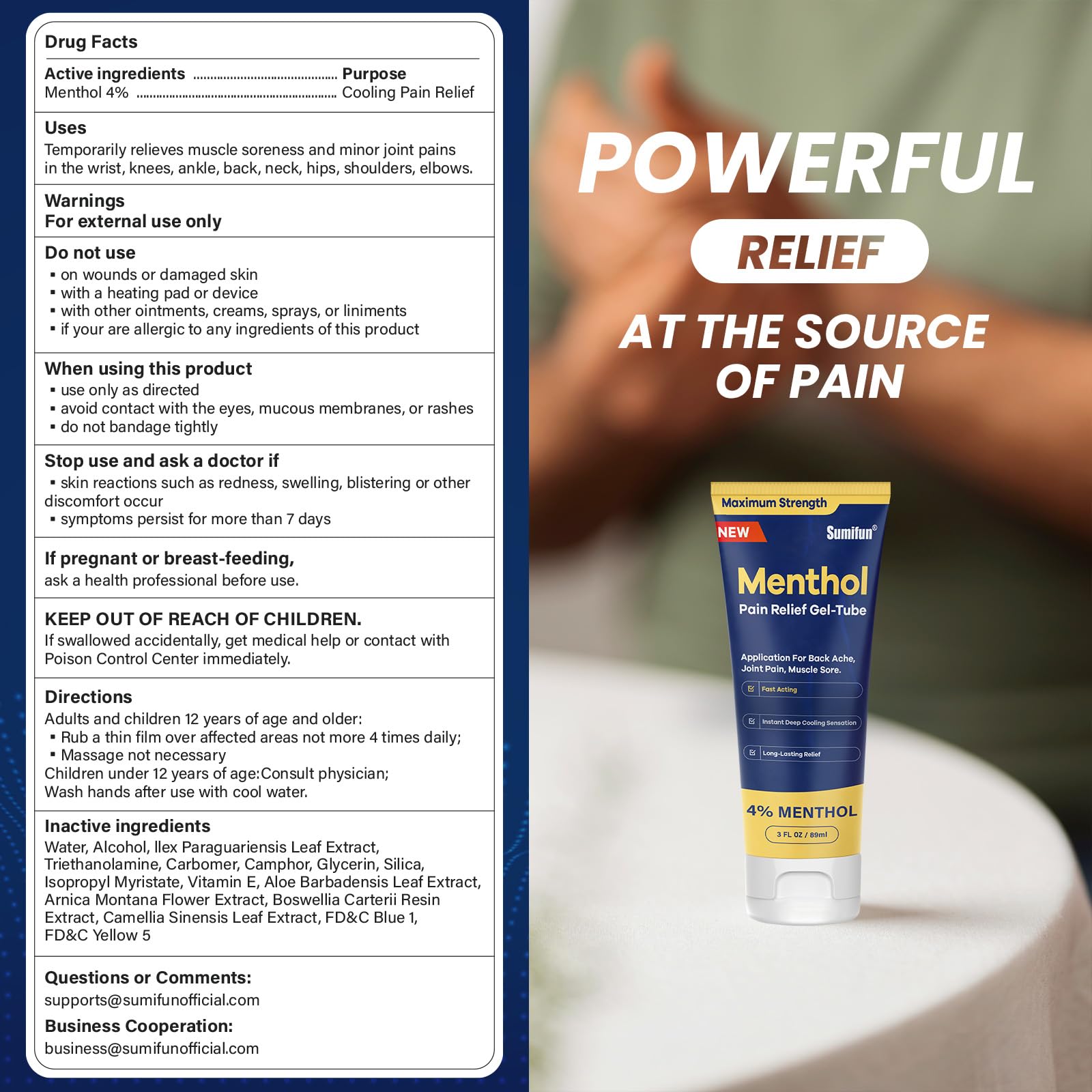 Sumifun Menthol Pain Relief Gel-Tube-3 FL OZ Tube (Pack of 1)- for Knee & Lower Back Pain Relief, Sore Muscle Relief, Neck Pain Relief, Shoulder Pain Relief - dailyvitalstore