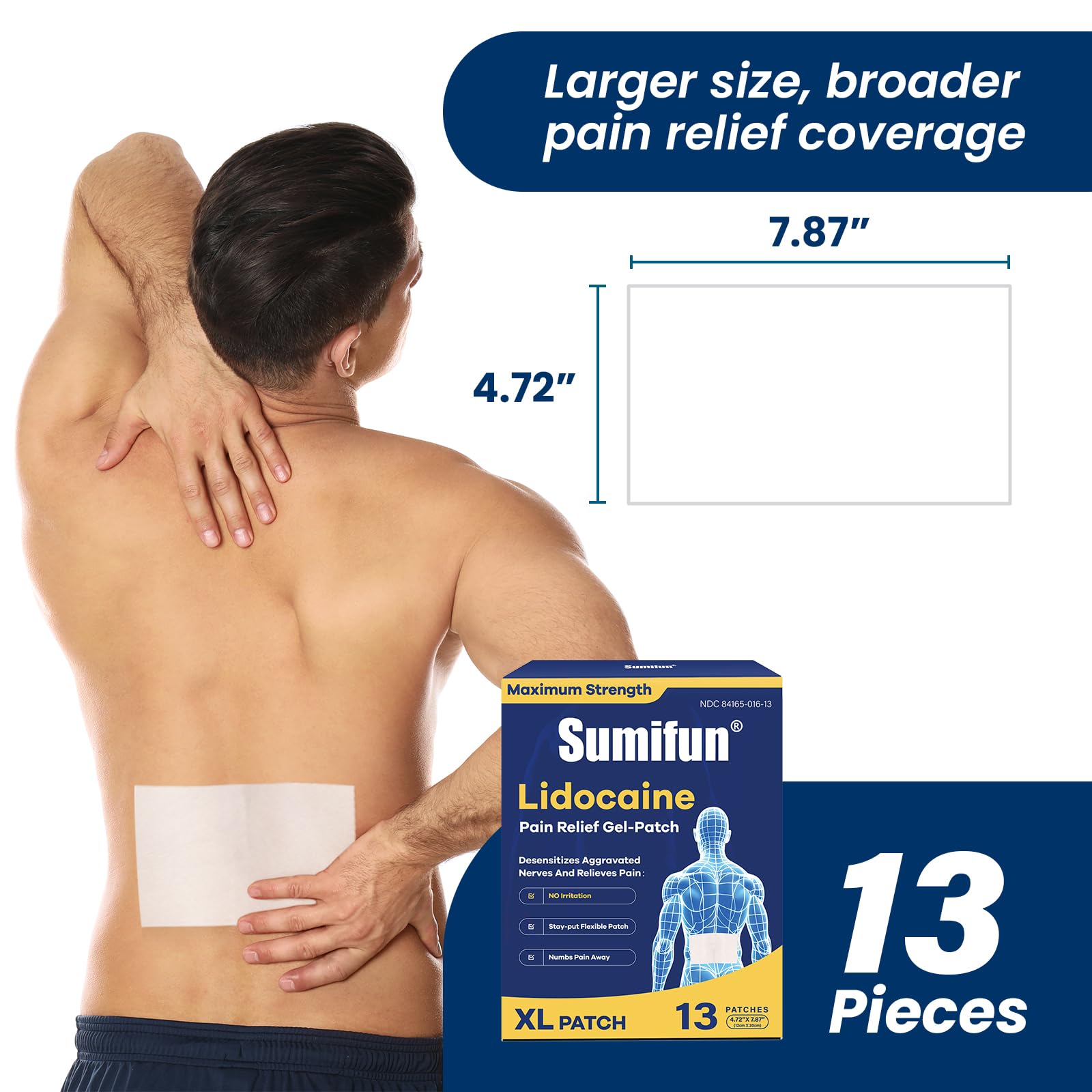Sumifun XL Lidocaine Patches for Pain Relief, 4% Lidocaine Maximum Strength OTC, Extra Large 4.72"x7.87" for Full Back Pain Patches & Large Areas (Extra Large, Count, 13) - dailyvitalstore