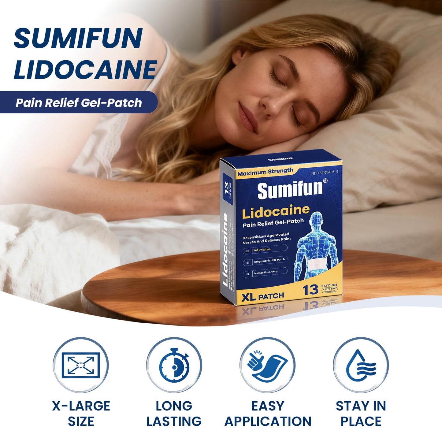 Sumifun XL Lidocaine Patches for Pain Relief, 4% Lidocaine Maximum Strength OTC, Extra Large 4.72"x7.87" for Full Back Pain Patches & Large Areas (Extra Large, Count, 13) - dailyvitalstore