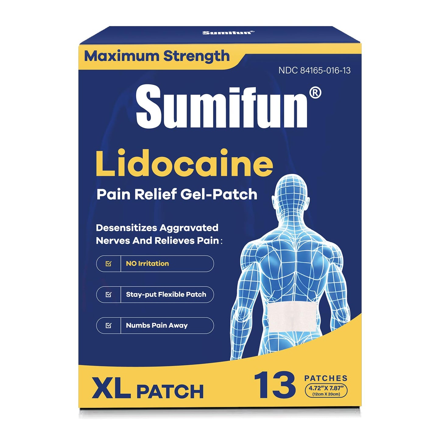 Sumifun XL Lidocaine Patches for Pain Relief, 4% Lidocaine Maximum Strength OTC, Extra Large 4.72"x7.87" for Full Back Pain Patches & Large Areas (Extra Large, Count, 13) - dailyvitalstore