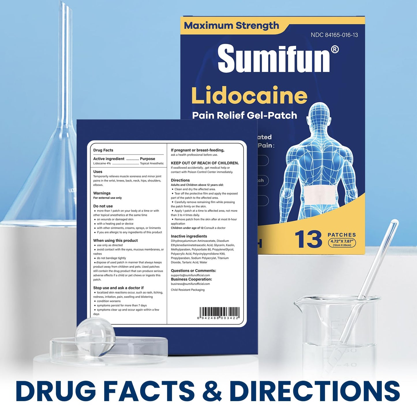 Sumifun XL Lidocaine Patches for Pain Relief, 4% Lidocaine Maximum Strength OTC, Extra Large 4.72"x7.87" for Full Back Pain Patches & Large Areas (Extra Large, Count, 13) - dailyvitalstore
