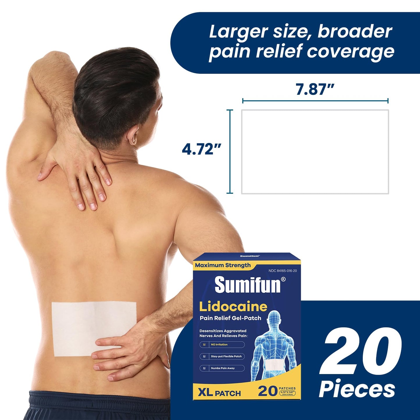 Sumifun XL Lidocaine Patches for Pain Relief, 4% Lidocaine Maximum Strength OTC, Extra Large 4.72"x7.87" for Full Back Pain Patches & Large Areas (Extra Large, Count, 20) - dailyvitalstore