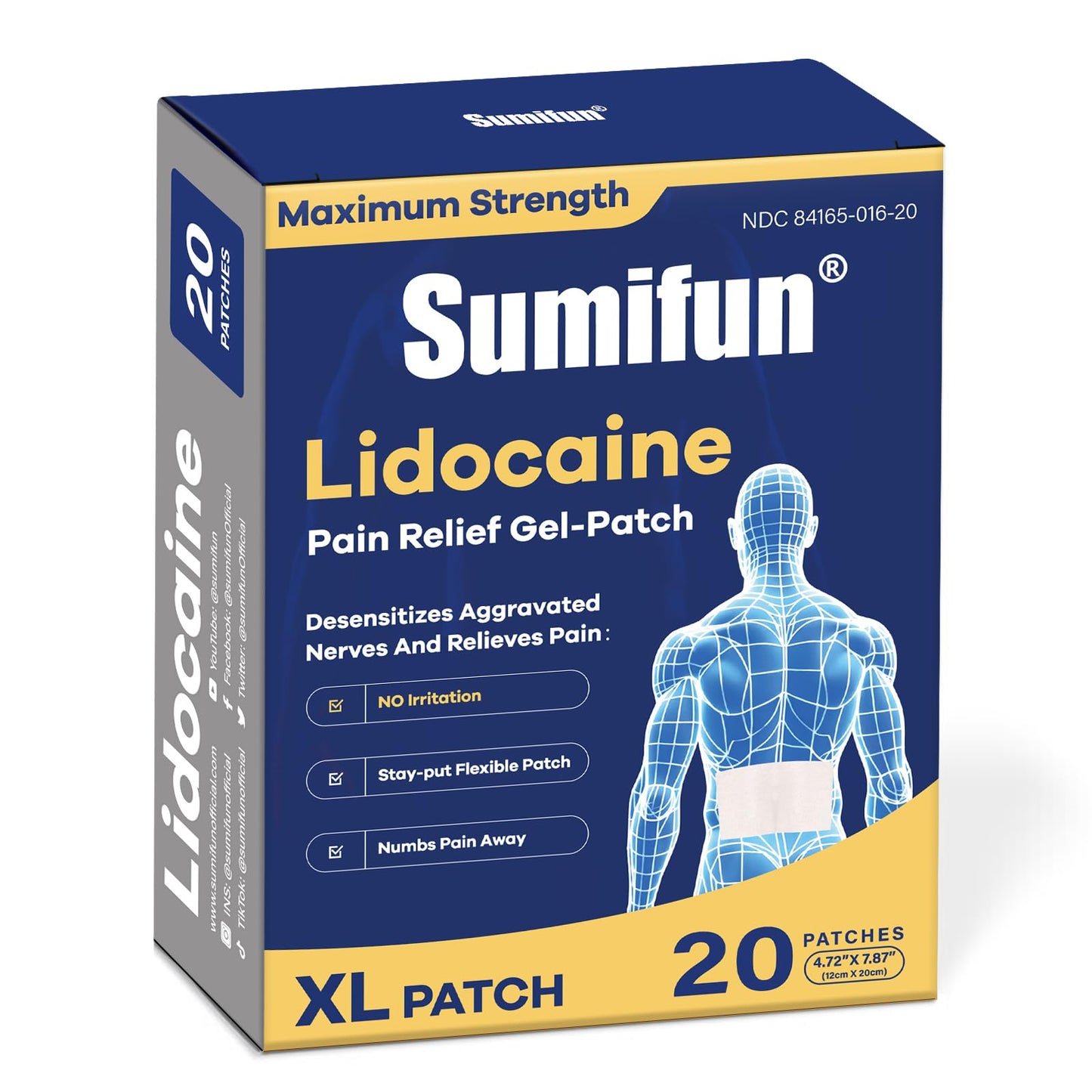 Sumifun XL Lidocaine Patches for Pain Relief, 4% Lidocaine Maximum Strength OTC, Extra Large 4.72"x7.87" for Full Back Pain Patches & Large Areas (Extra Large, Count, 20) - dailyvitalstore
