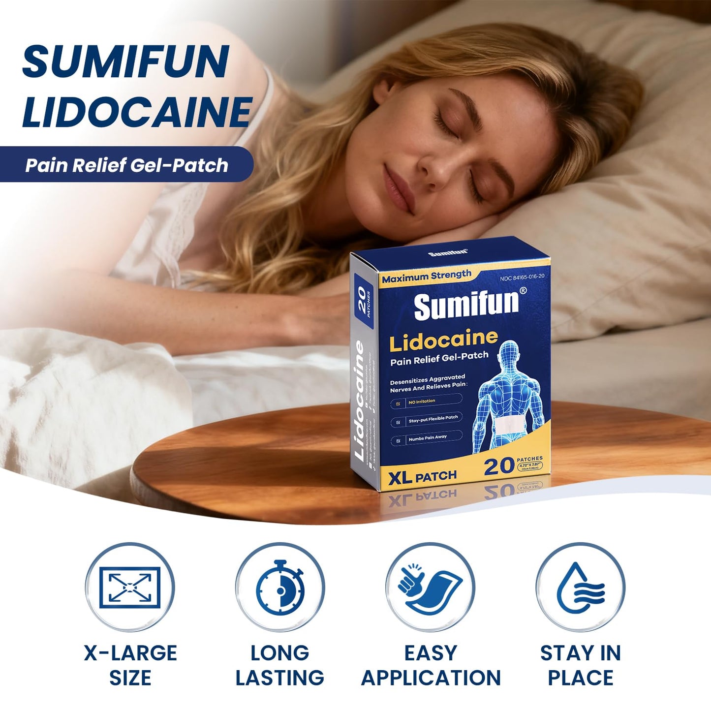Sumifun XL Lidocaine Patches for Pain Relief, 4% Lidocaine Maximum Strength OTC, Extra Large 4.72"x7.87" for Full Back Pain Patches & Large Areas (Extra Large, Count, 20) - dailyvitalstore