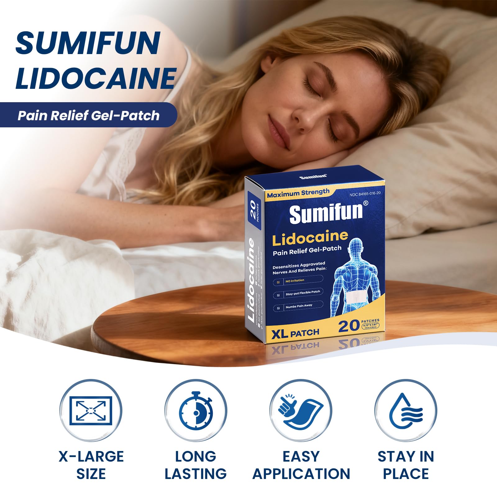 Sumifun XL Lidocaine Patches for Pain Relief, 4% Lidocaine Maximum Strength OTC, Extra Large 4.72"x7.87" for Full Back Pain Patches & Large Areas (Extra Large, Count, 20) - dailyvitalstore