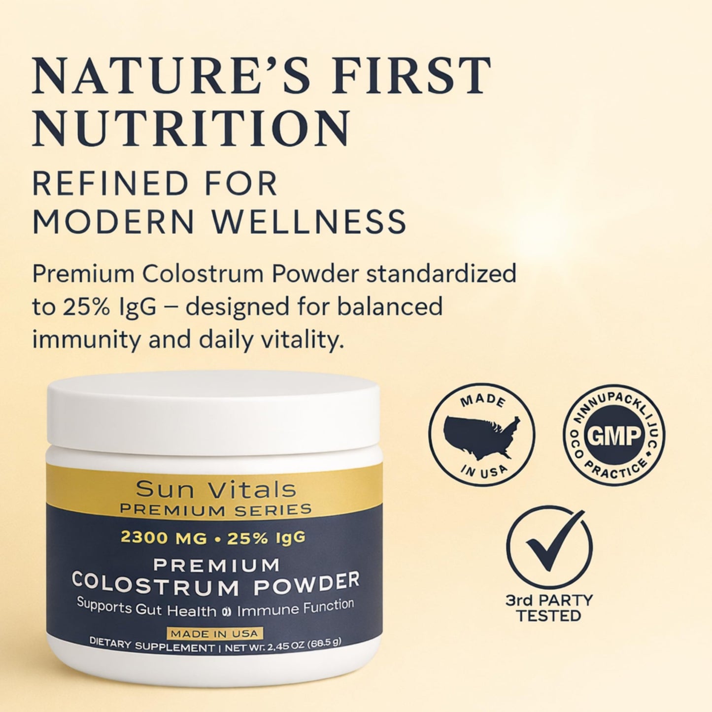 Sun Vitals Bovine Colostrum Powder 2300mg – 575mg IgG Per Serving | 25% IgG Standardized | Gut Health & Immune Support | No Fillers, No Capsules | GMP-Certified, 3rd Party Tested | 30 Servings - dailyvitalstore