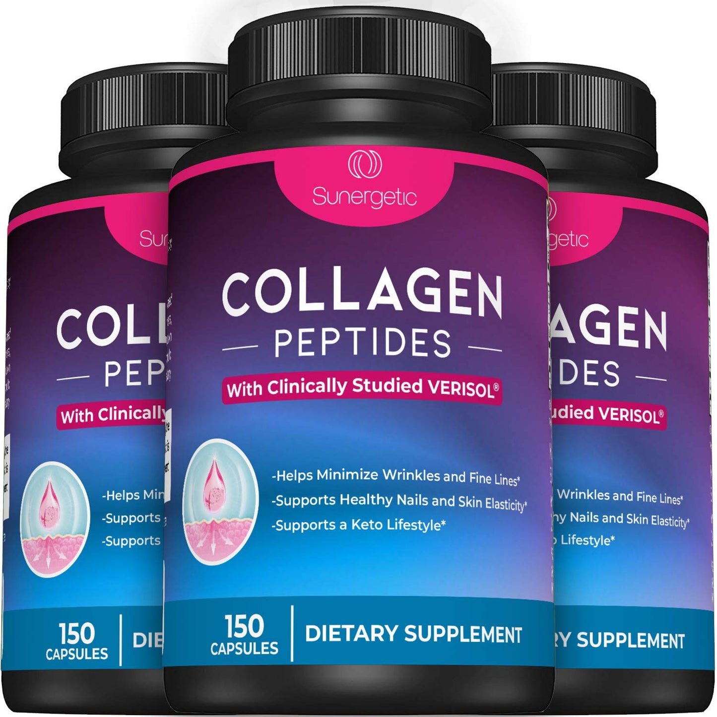Sunergetic Premium Collagen Peptides Capsules – 2500 mg of VERISOL Collagen Peptides Type 1 & Type 3 – Multi Collagen Supplement to Support Joint Health, Hair, Skin & Nails – 150 Collagen Capsules - dailyvitalstore