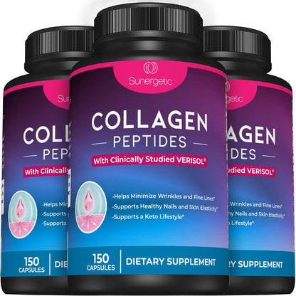 Sunergetic Premium Collagen Peptides Capsules – 2500 mg of VERISOL Collagen Peptides Type 1 & Type 3 – Multi Collagen Supplement to Support Joint Health, Hair, Skin & Nails – 150 Collagen Capsules - dailyvitalstore