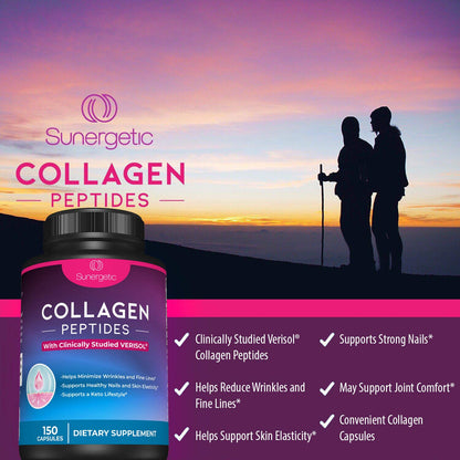 Sunergetic Premium Collagen Peptides Capsules – 2500 mg of VERISOL Collagen Peptides Type 1 & Type 3 – Multi Collagen Supplement to Support Joint Health, Hair, Skin & Nails – 150 Collagen Capsules - dailyvitalstore