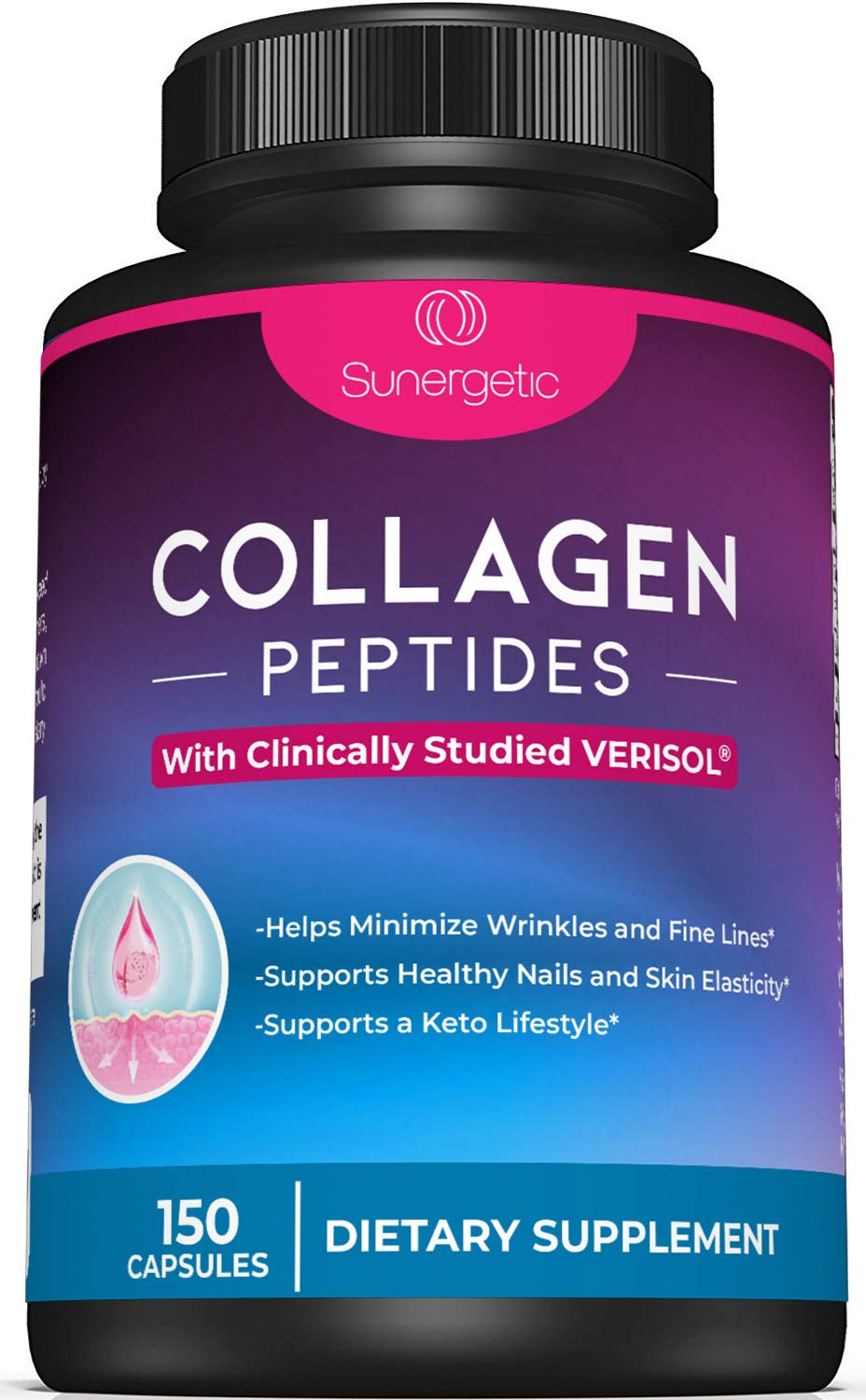Sunergetic Premium Collagen Peptides Capsules – 2500 mg of VERISOL Collagen Peptides Type 1 & Type 3 – Multi Collagen Supplement to Support Joint Health, Hair, Skin & Nails – 150 Collagen Capsules - dailyvitalstore