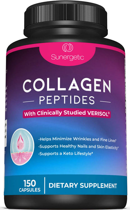 Sunergetic Premium Collagen Peptides Capsules – 2500 mg of VERISOL Collagen Peptides Type 1 & Type 3 – Multi Collagen Supplement to Support Joint Health, Hair, Skin & Nails – 150 Collagen Capsules - dailyvitalstore