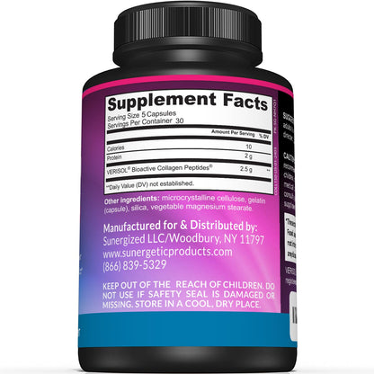 Sunergetic Premium Collagen Peptides Capsules – 2500 mg of VERISOL Collagen Peptides Type 1 & Type 3 – Multi Collagen Supplement to Support Joint Health, Hair, Skin & Nails – 150 Collagen Capsules - dailyvitalstore