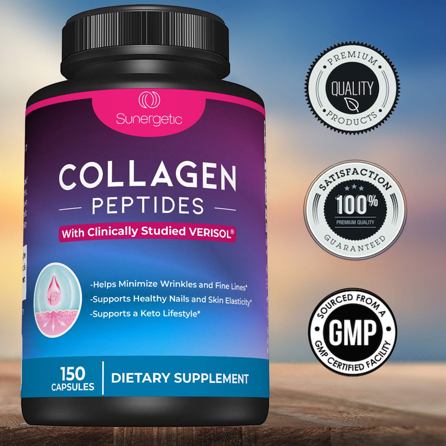 Sunergetic Premium Collagen Peptides Capsules – 2500 mg of VERISOL Collagen Peptides Type 1 & Type 3 – Multi Collagen Supplement to Support Joint Health, Hair, Skin & Nails – 150 Collagen Capsules - dailyvitalstore