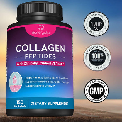 Sunergetic Premium Collagen Peptides Capsules – 2500 mg of VERISOL Collagen Peptides Type 1 & Type 3 – Multi Collagen Supplement to Support Joint Health, Hair, Skin & Nails – 150 Collagen Capsules - dailyvitalstore